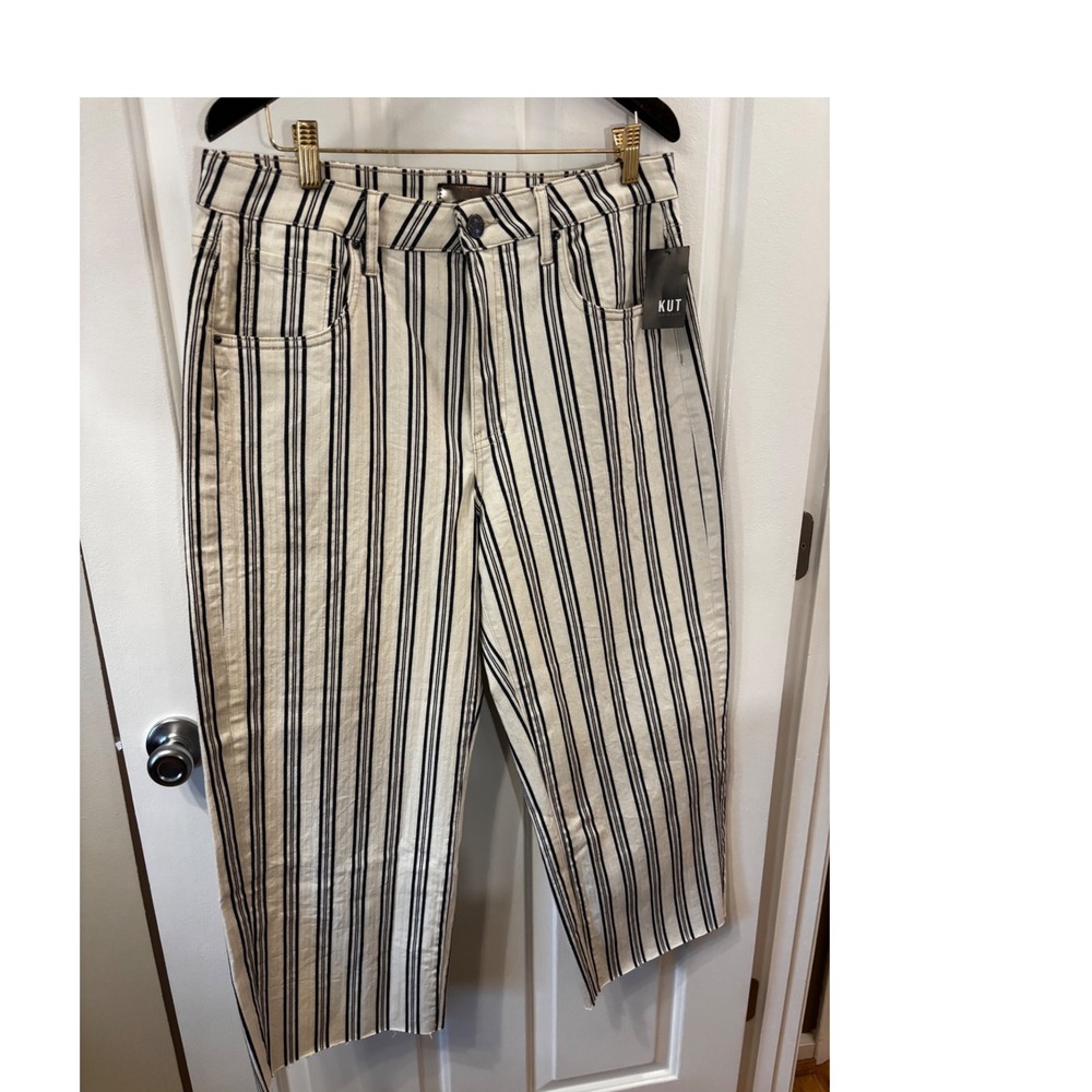 NWT KUT from the Kloth Gwen High Rise Wide Leg Striped Pants Cream Navy -12